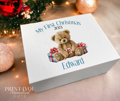 Christmas Eve Personalised Gift Box, xmas keepsake box, Magnetic closed white box, Teddy Bear First Christmas Blue