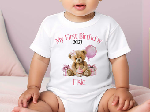 Personalised First Birthday One T-shirt, Sleepsuit and vest, Pink Teddy bear First Birthday Outfit.