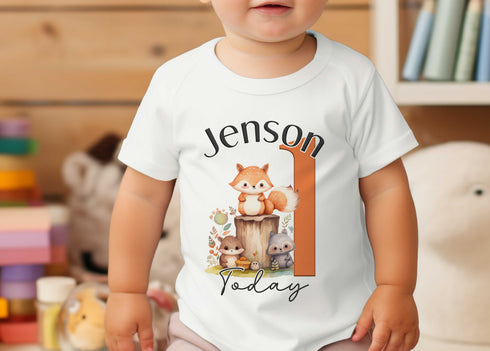 Personalised First Birthday One T-shirt, Sleepsuit and vest, Woodland Animals Fox First Birthday Outfit.