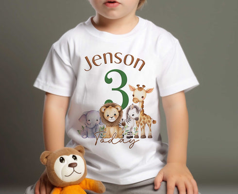 Children's White Cotton Personalised Birthday T-shirt - Safari Design, Name is ONE First Birthday, Two Three Four Five Sixth Birthday