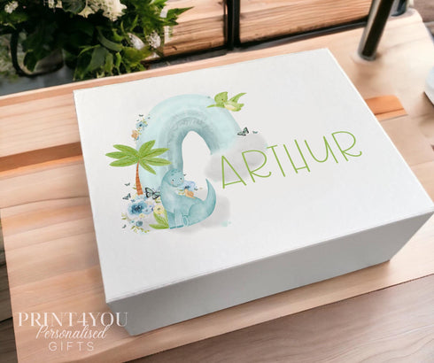 Dinosaur Rainbow Personalised Gift Box, Magnetic closed white box, New baby Box