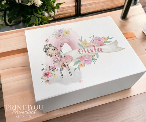 Blonde ballerina Dancer Rainbow Personalised Gift Box, Magnetic closed white box, Gift Box for Girls
