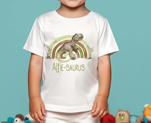 Children's White Cotton Personalised T-shirt - Dinosaur Rainbow T-Rex