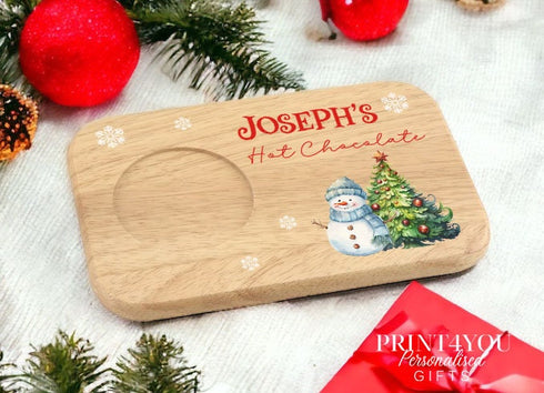 Personalised Wooden Tea and Biscuit Tray - Snowman Hot Chocolate, gift for Children