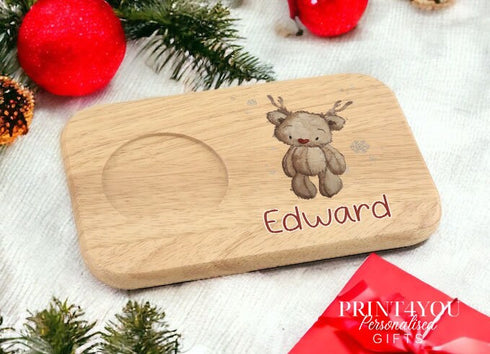Personalised Wooden Tea and Biscuit Tray - Reindeer teddy bear, Hot Chocolate gift for Children