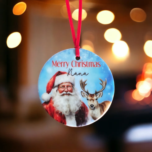 Christmas Personalised ceramic bauble decoration - Traditional Father Christmas and Reindeer