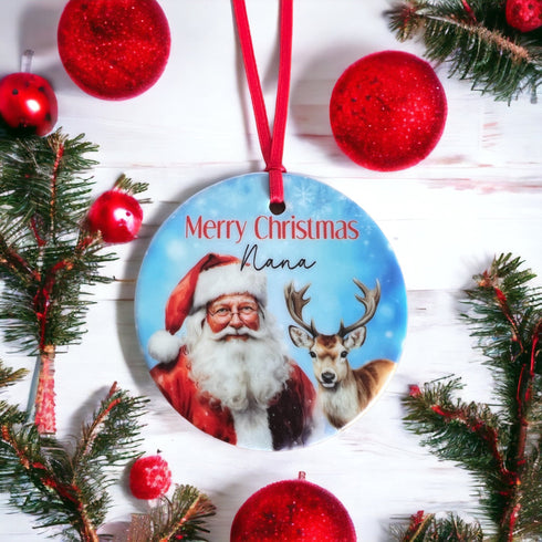 Christmas Personalised ceramic bauble decoration - Traditional Father Christmas and Reindeer