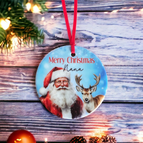 Christmas Personalised ceramic bauble decoration - Traditional Father Christmas and Reindeer