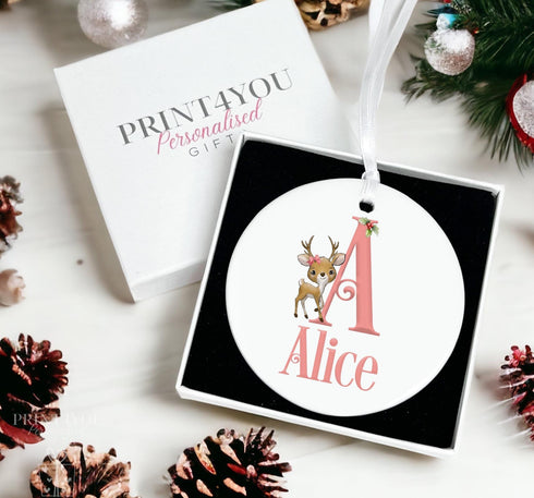 Personalised Christmas Reindeer ceramic bauble decoration, Baby's First Christmas, Reindeer and Alphabet Letter