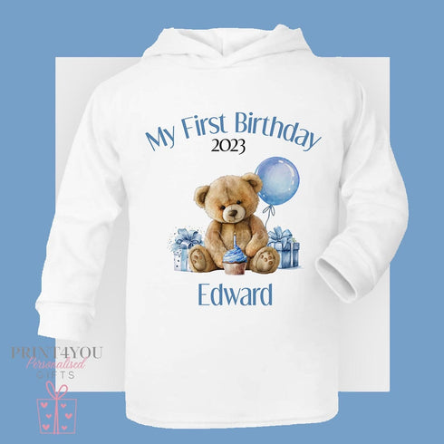 Boys Teddy First Birthday T-shirt with hood - personalised cotton jersey top, Lightweight long-sleeved tee