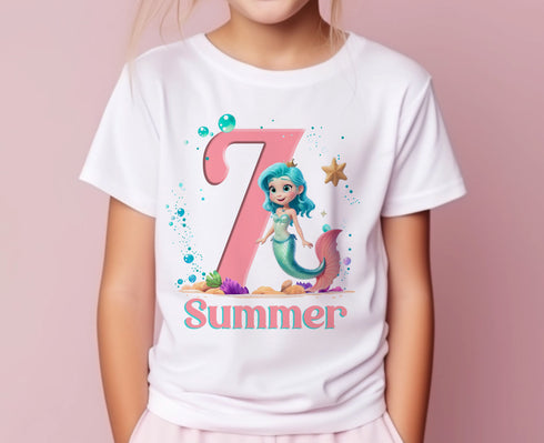 Personalised Mermaid Birthday T-Shirt ANY AGE - Cotton White Top, any number any age, Pink number mermaid
