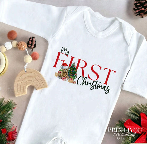 Baby's First Christmas Cotton Bib, Vest and Sleepsuit Set - Perfect for New baby Gift, Teddy Bear My First Christmas