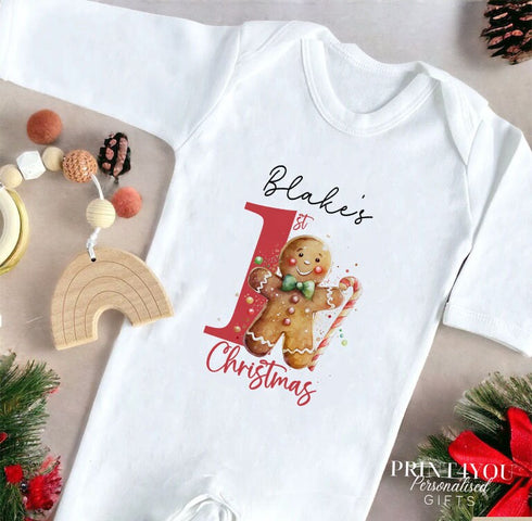 Baby's First Christmas Cotton Bib, Vest and Sleepsuit Set - Perfect for New baby Gift, Gingerbread man 1st Christmas