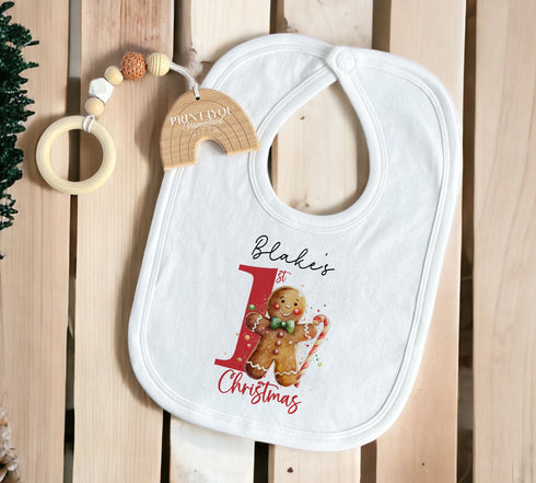 Baby's First Christmas Cotton Bib, Vest and Sleepsuit Set - Perfect for New baby Gift, Gingerbread man 1st Christmas