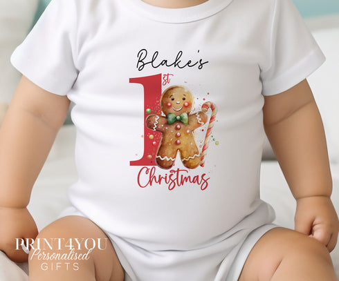 Baby's First Christmas Cotton Bib, Vest and Sleepsuit Set - Perfect for New baby Gift, Gingerbread man 1st Christmas
