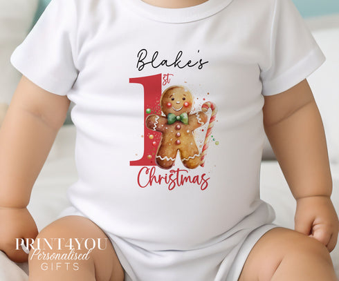 Baby's First Christmas Cotton Bib, Vest and Sleepsuit Set - Perfect for New baby Gift, Gingerbread man 1st Christmas