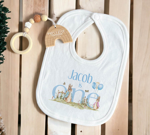 Personalised First Birthday One T-shirt, Sleepsuit and vest, Blue Rabbit First Birthday Outfit.