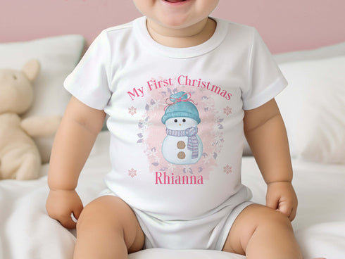 Baby's First Christmas Personalised Bib, Vest and Sleepsuit Cotton Set - Perfect for New baby Gift, Girls Pink Snowman