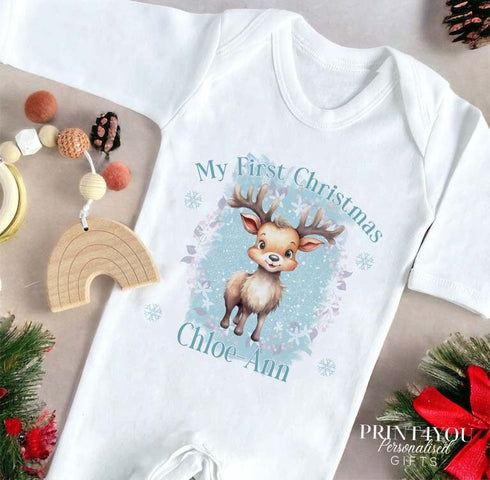 Baby's First Christmas Personalised Bib, Vest and Sleepsuit Cotton Set - Perfect for New baby Gift, PLL Boys Blue Reindeer