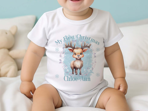 Baby's First Christmas Personalised Bib, Vest and Sleepsuit Cotton Set - Perfect for New baby Gift, PLL Boys Blue Reindeer