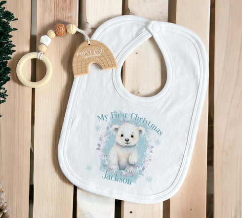 Baby's First Christmas Personalised Bib, Vest and Sleepsuit Cotton Set - Perfect for New baby Gift, PLL blue polar bear