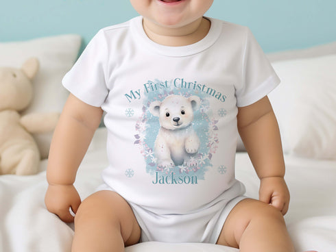 Baby's First Christmas Personalised Bib, Vest and Sleepsuit Cotton Set - Perfect for New baby Gift, PLL blue polar bear