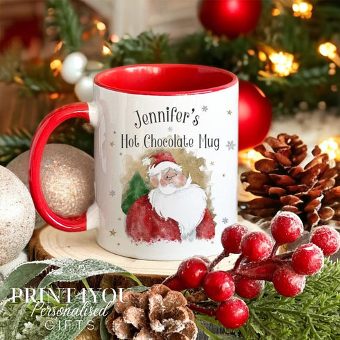Vintage Santa Hot Chocolate Personalised White mug Christmas stocking filler gift red handle