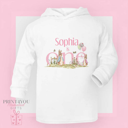 Lightweight long sleeved t-shirt with hood - First Birthday Classic Pink Rabbit, I am ONE, personalised cotton jersey top
