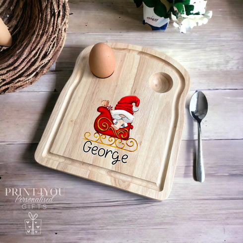 Personalised Wooden Egg Breakfast Board - UV Printed Egg Serving Platter - Customisable Kitchen Gift. Christmas Gnome Sleigh, Gift for kids.