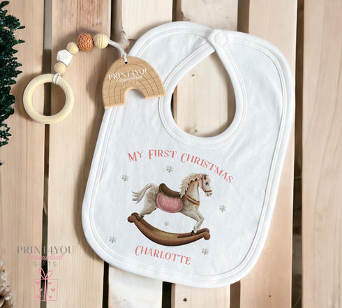 Baby's First Christmas Personalised Bib, Vest and Sleepsuit Cotton Set - Perfect for New baby Gift, Pink Traditional Rocking Horse