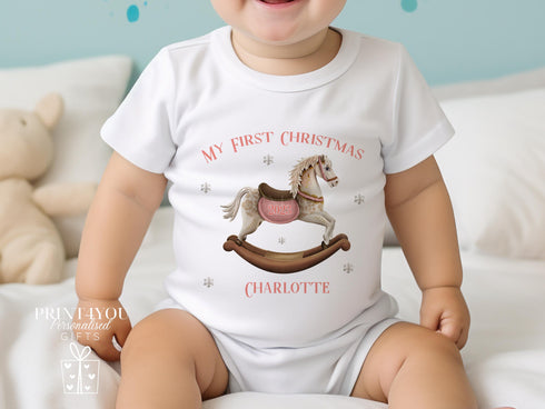Baby's First Christmas Personalised Bib, Vest and Sleepsuit Cotton Set - Perfect for New baby Gift, Pink Traditional Rocking Horse