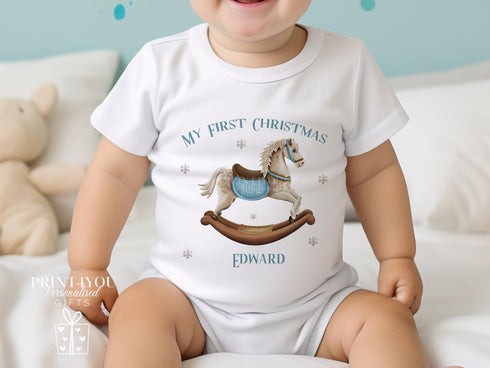 Baby's First Christmas Personalised Bib, Vest and Sleepsuit Cotton Set - Perfect for New baby Gift, Blue Traditional Rocking Horse