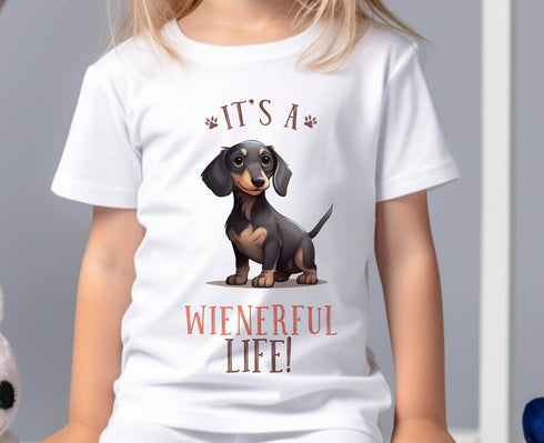 Children's White Cotton T-shirt - It's a Wienderful Life with dachshund puppy dog