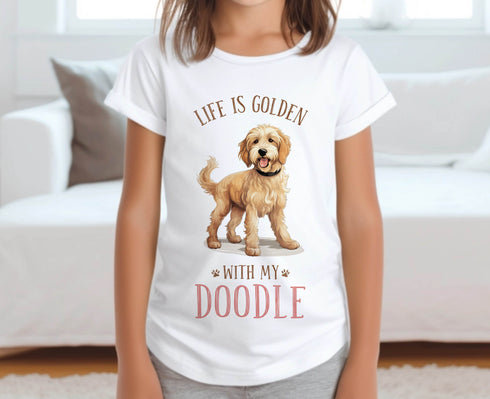 Children's White Cotton T-shirt - Life is Golden with my Doodle with puppy dog