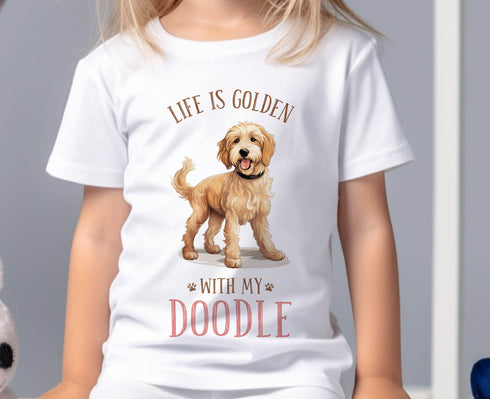 Children's White Cotton T-shirt - Life is Golden with my Doodle with puppy dog