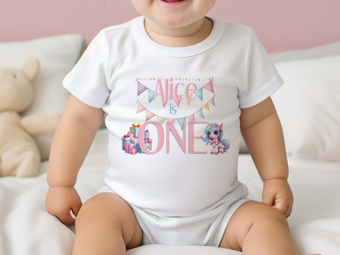 Personalised Unicorn Birthday White Cotton T-Shirt, Vest, Sleepsuit or hoodie - Custom Name with Number One Print