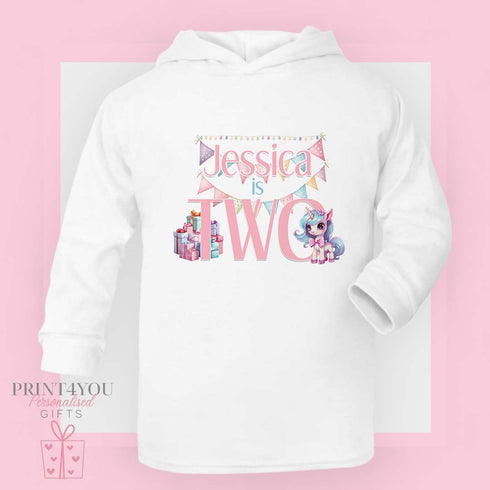 Personalised Unicorn Birthday White Cotton T-Shirt or hoodie -I am TWO, Second Birthday