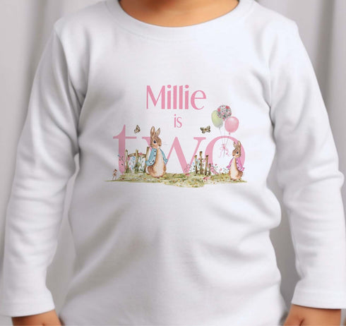 Personalised Rabbit Birthday White Cotton T-Shirt or hoodie - I am TWO, Second Birthday
