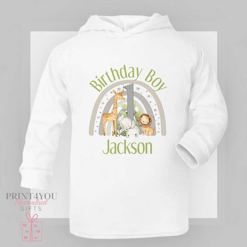 Personalised Safari Rainbow Birthday White Cotton T-Shirt, Vest, Sleepsuit or hoodie - Custom Name with Number One Print