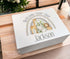 Personalised Baby's Keepsake Box: White Sturdy Card with Magnetic Closure - Welcome Little One Grey Safari Rainbow