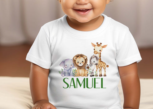 Children's White Cotton Personalised T-shirt - Jungle Safari Animals