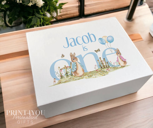 Personalised Baby's First Keepsake Box: White Sturdy Card with Magnetic Closure - Blue Rabbit I am ONE