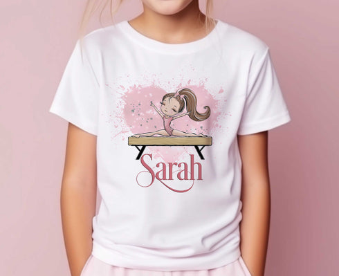 Children's White Cotton Personalised T-shirt - Gymnastics Dancer on a Beam Letter and name