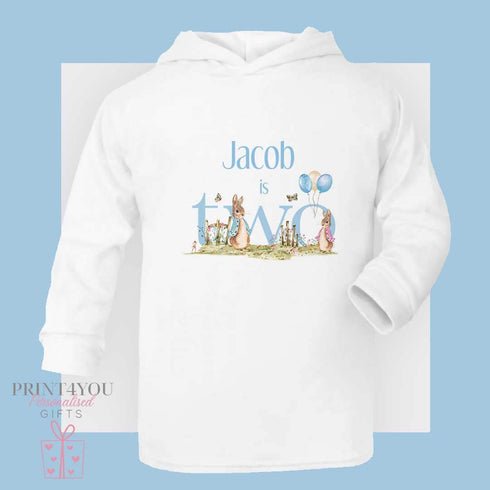 Personalised Rabbit Birthday White Cotton T-Shirt or hoodie - I am TWO, Second Birthday