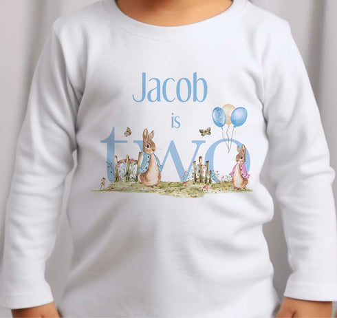 Personalised Rabbit Birthday White Cotton T-Shirt or hoodie - I am TWO, Second Birthday