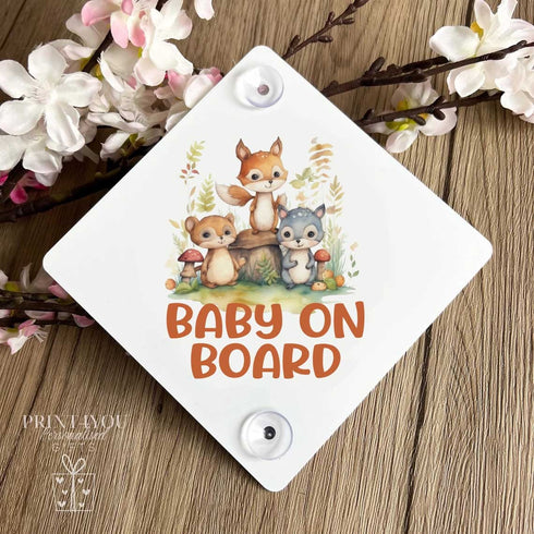 Baby on Board Aluminium Car Window Safety Sign | Polite Driver Notice | Kids Car Accessories | Woodland Animals