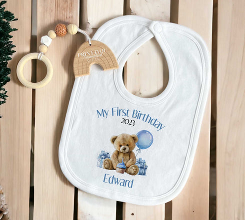 Personalised First Birthday One T-shirt, Sleepsuit and vest, Blue Teddy Bear First Birthday Outfit.
