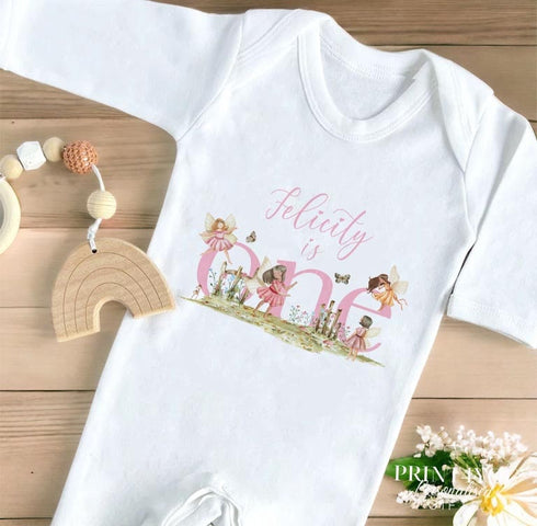 Personalised First Birthday One vest, Sleepsuit and T-shirt, Pink Fairytale Fairies First Birthday Outfit.