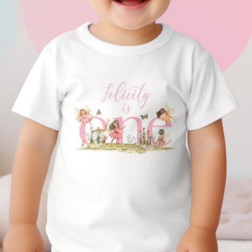 Personalised First Birthday One t-shirt, vest, Sleepsuit and long sleeve T-shirt, Pink Fairytale Fairies First Birthday Outfit.