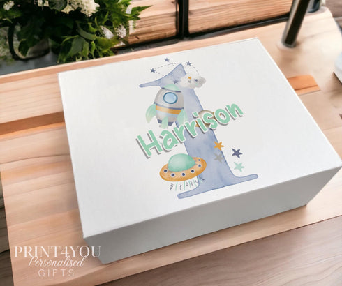 Personalised Baby's First Birthday Keepsake Box: White Sturdy Card with Magnetic Closure - Space Rocket Number One 1st Birthday
